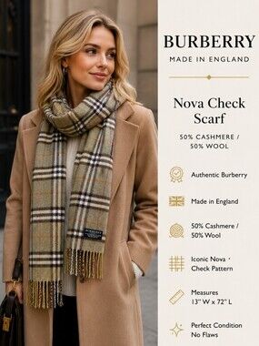 Burberry Cashmere Blend Nova Check Scarf | Made in England | 13" x 72" Unisex